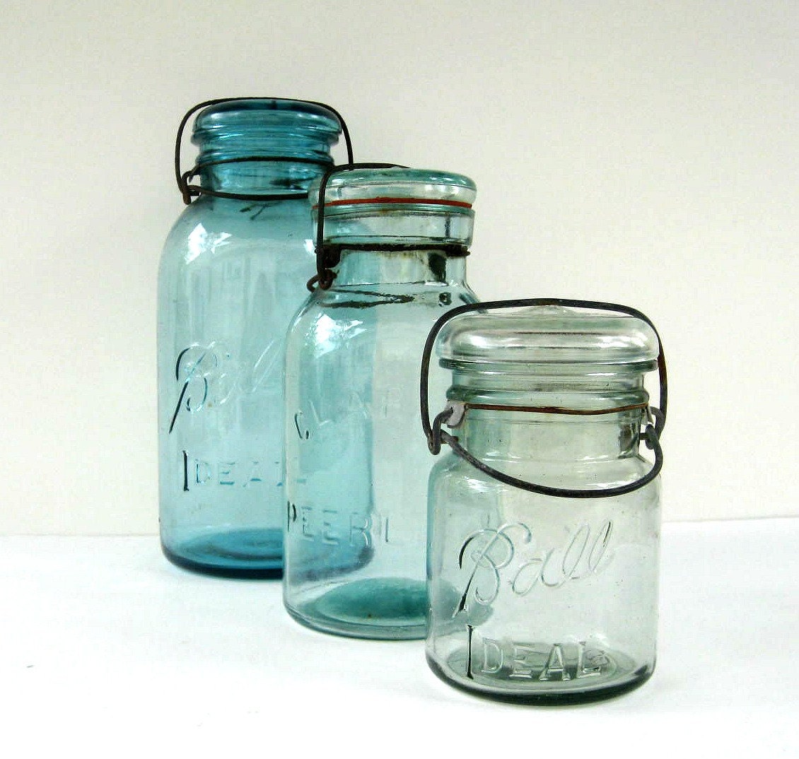 Antique Blue Mason Jars with Glass Lids - 1/2 gallon, quart and pint size - Set of 3 Ball and Clark's Jars