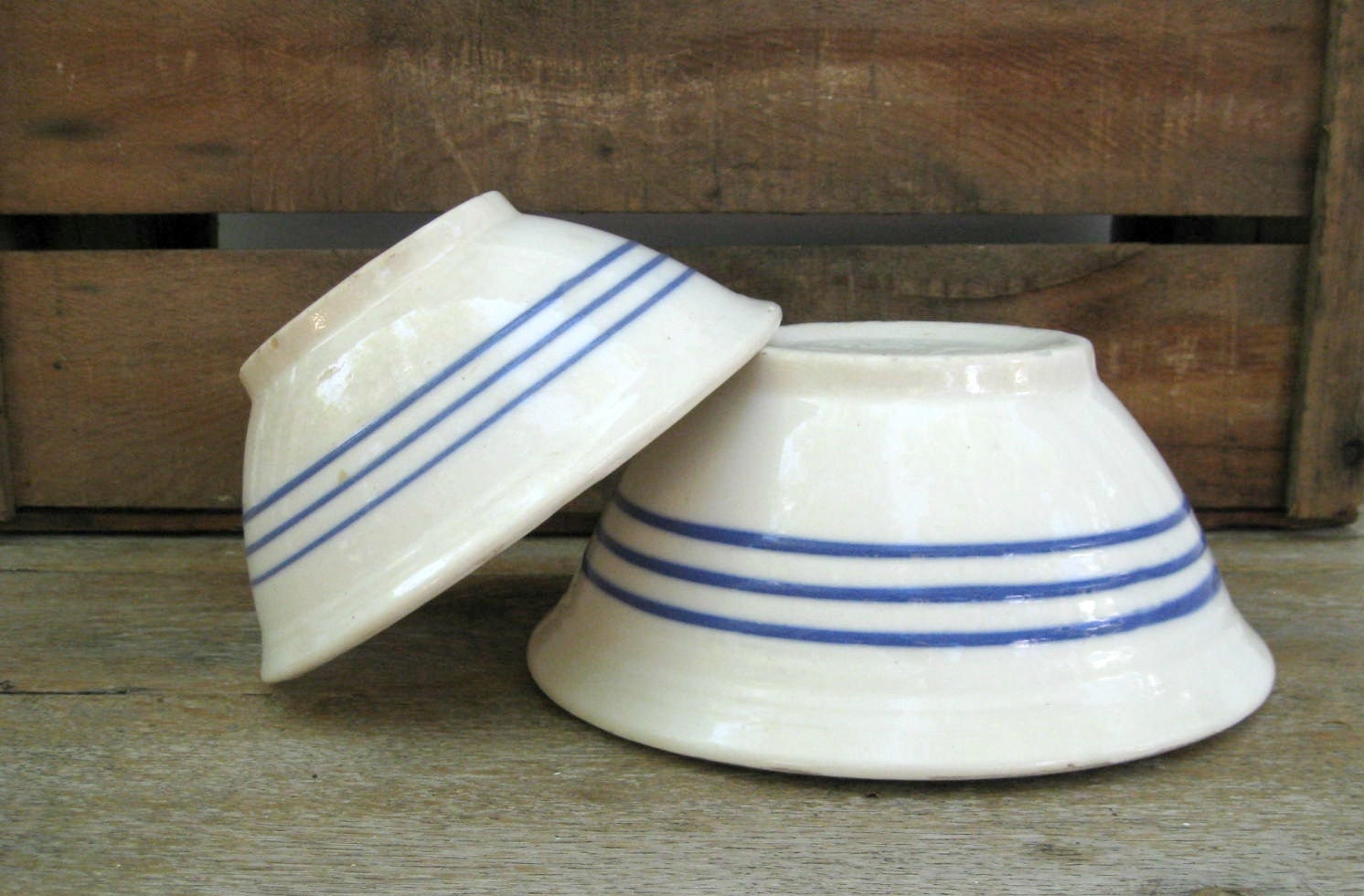Pair of White Ironstone Nesting Bowls with Blue Stripes - Farmhouse - French Country Style