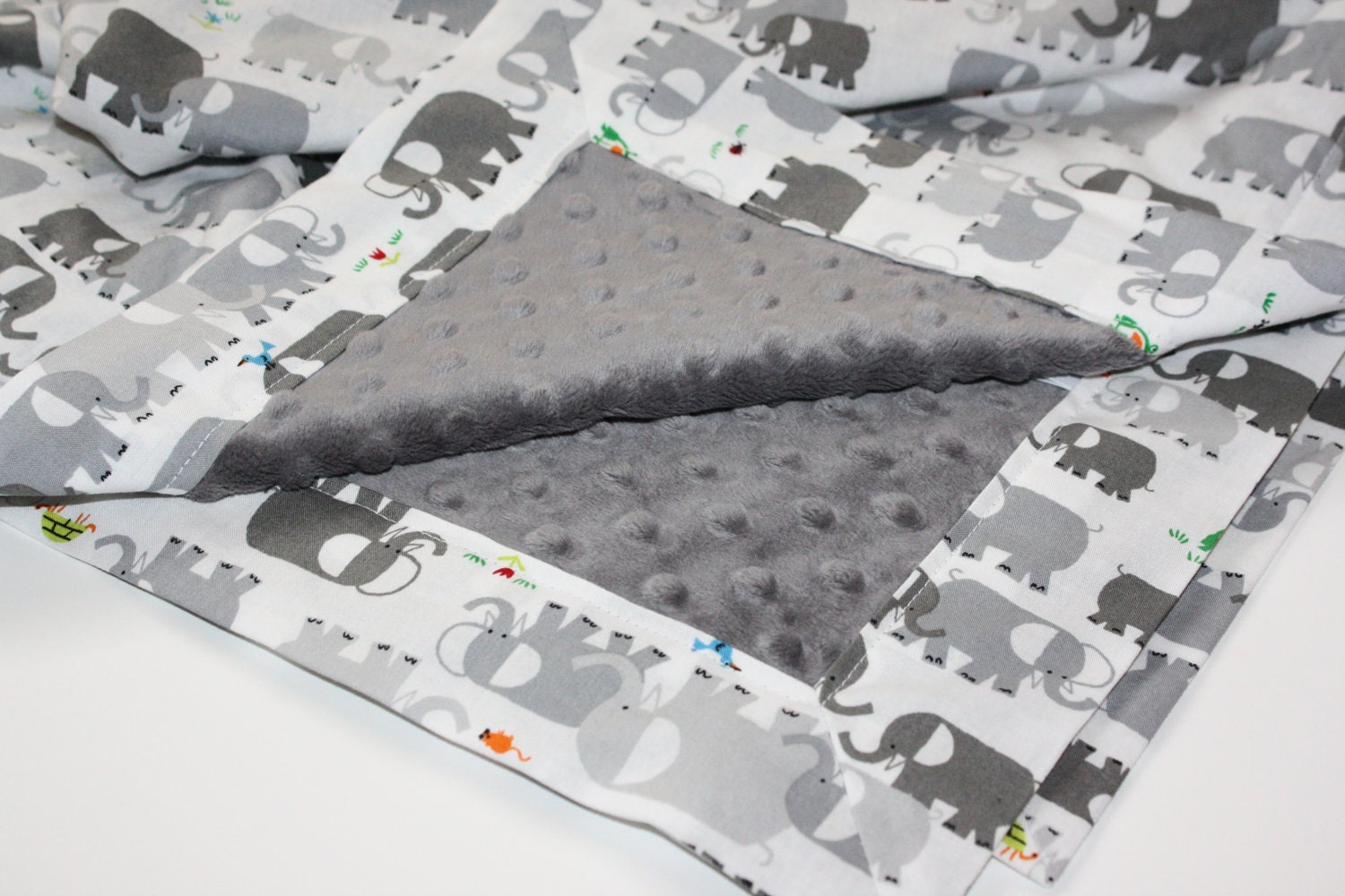 Organic Baby Blanket - Happy Drawing by Ed Emberley - Elephants with Charcoal Minky (30 X 32)