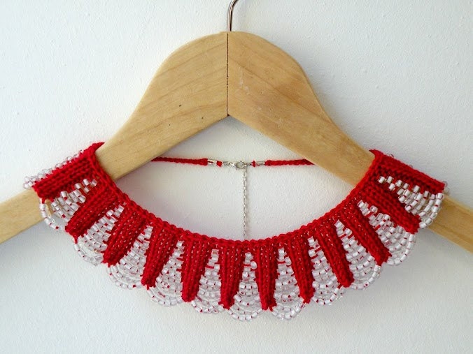 Hand Knit Red Necklace Collar with White Glass Beaded