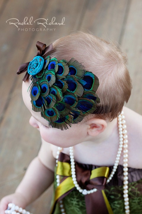 baby headband peacock feather silk flower and bow or rhinestone for infants toddler or big girls you choose color of headband