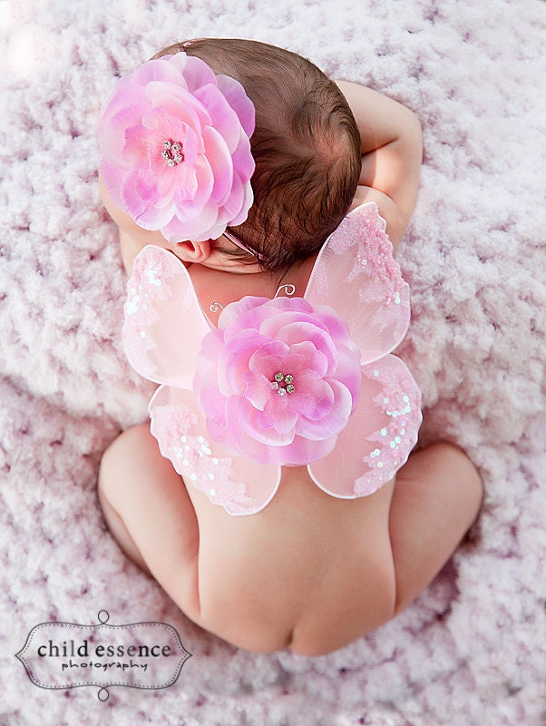 baby headband and butterfly wings set newborn photo prop light pink butterfly - jeweled sequined rhinestone flowers ready to ship