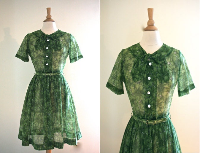 1950s Green Sheer Floral Shirt Dress