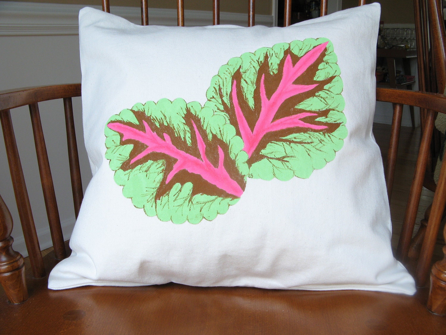 Hand Painted Pillow Cover, Washable Pink and Green Coleus Slipcover, 18 Inch