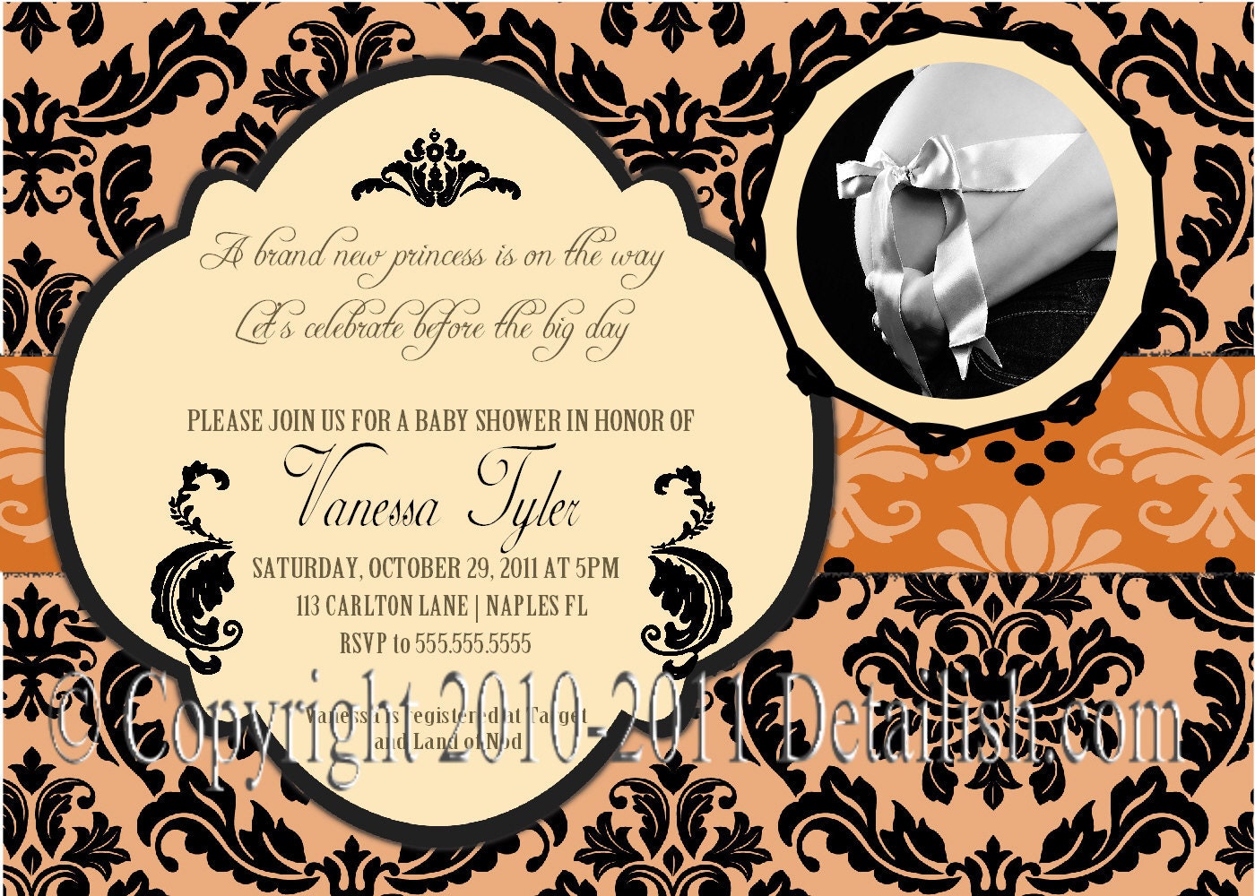 PRINTABLE Orange Black Fancy Damask Baby Shower Photo Invitation - Print as many as you need - Halloween Il_570xn