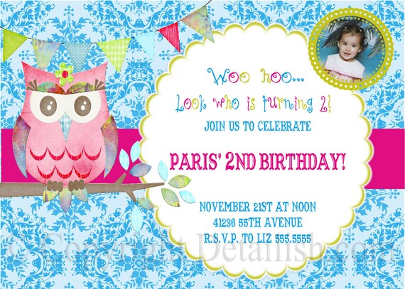 Pink Girl Owl Birthday Invitation Look Whoo is turning - DIY Printable Uprint or email invitation 335 Il_570xn