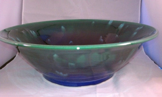 Large electic blue and emerald green bowl with glaze crystals