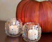 Set of 2 votive candle holders, knitted gold wire with glass beads, home decor, wedding, handmade