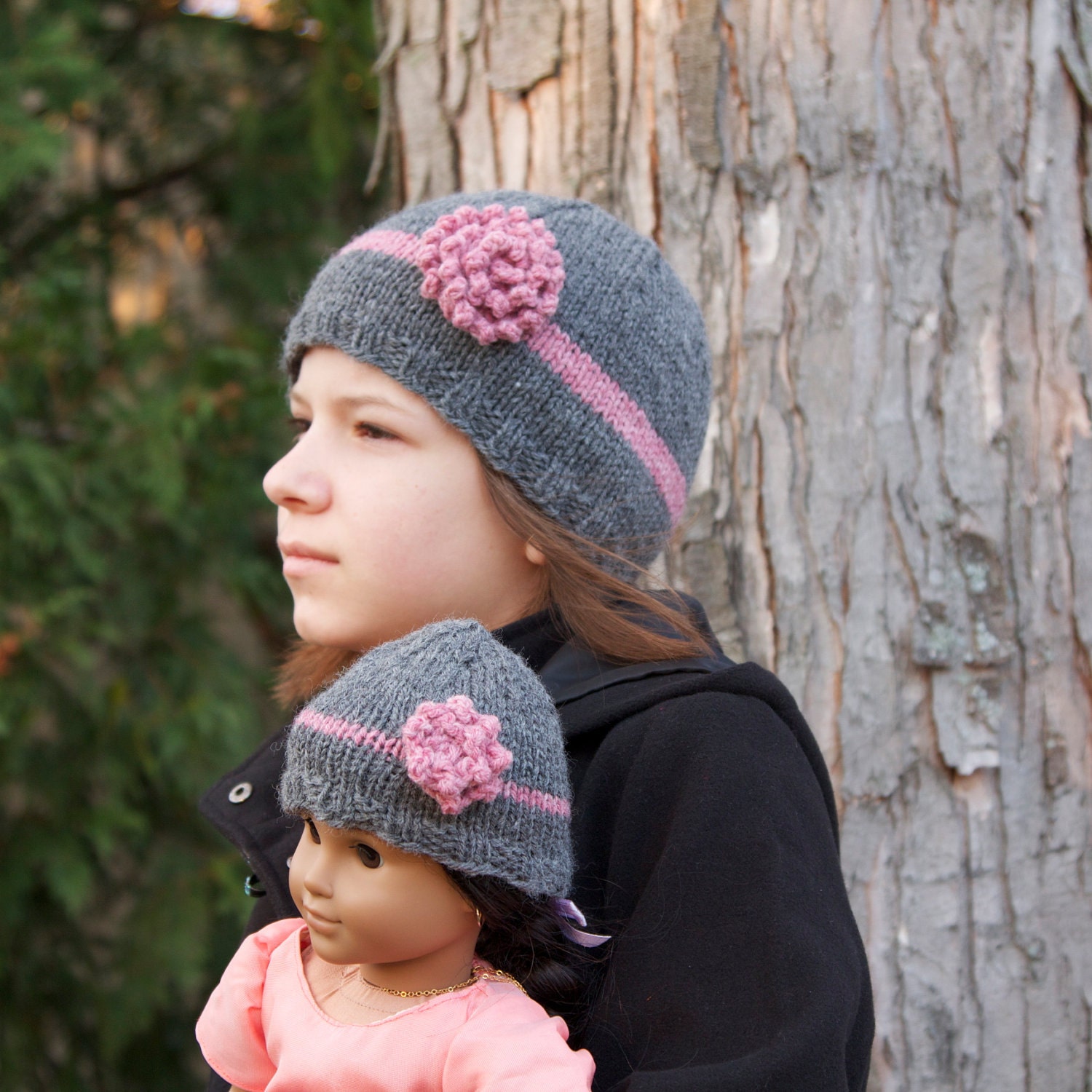 Child and doll matching hat set, grey and pink flower, handmade knitting, winter cloche for girls
