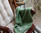 Baby Swaddling Blanket, handmade knitting, cozy warm, green, white flowers
