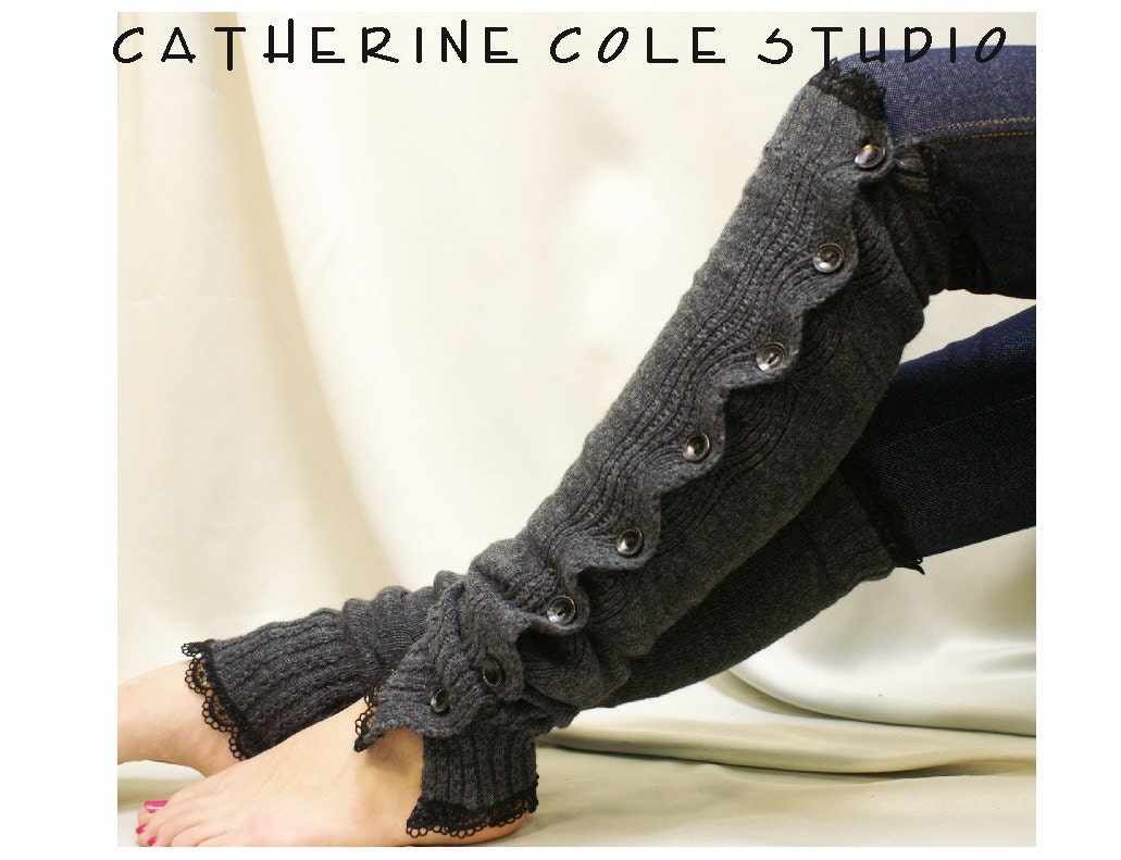SALE GREY Button down  black lace edged leg warmers women great with or without boots Catherine Cole Studio lace legwarmers