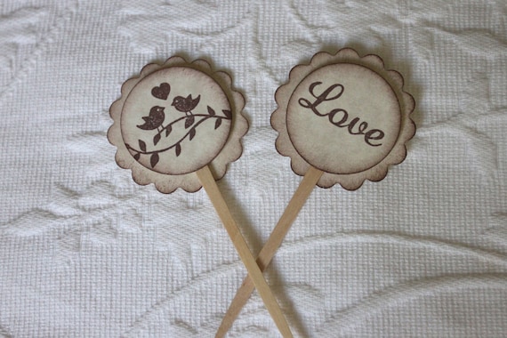 Set of 12 Love Bird Cupcake / Food Picks - Wedding - Wedding Shower