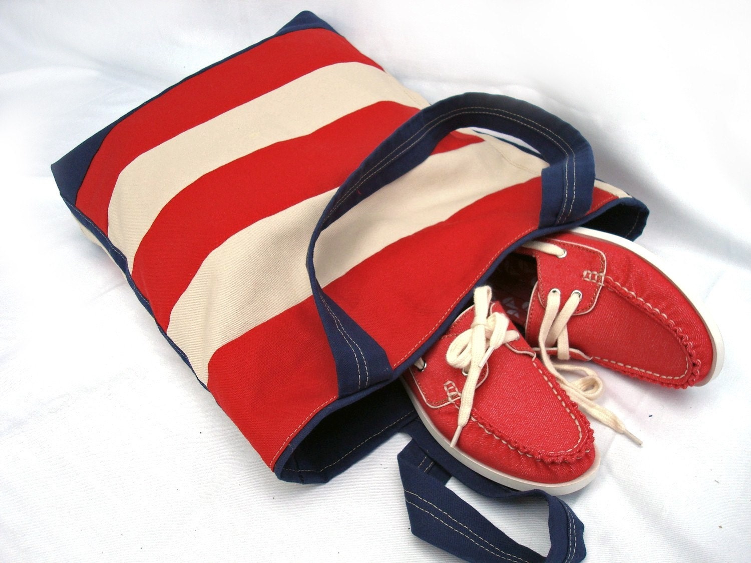 Beach bag, Red white nautical tote, shoulder bag