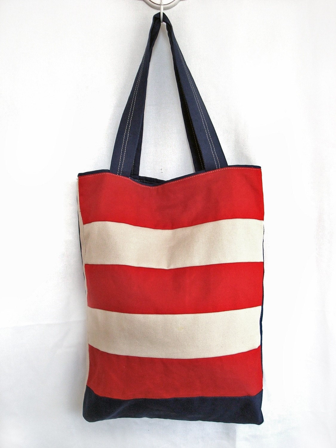 Beach bag, Red white nautical tote, shoulder bag