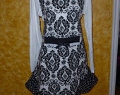 Womens apron Black White Damask  XS to Plus sizes  Hostess apron