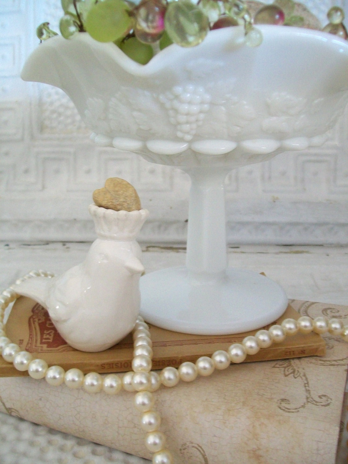 MILKGLASS Adorable vintage westmoreland white milk glass pedestal compote serving piece fruit bowl display piece candy dish