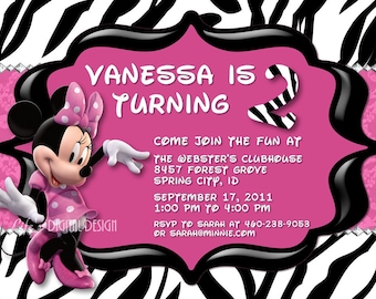 Minnie Mouse Invitations Birthday Pink and Zebra Print Photo Option Customizable Printable