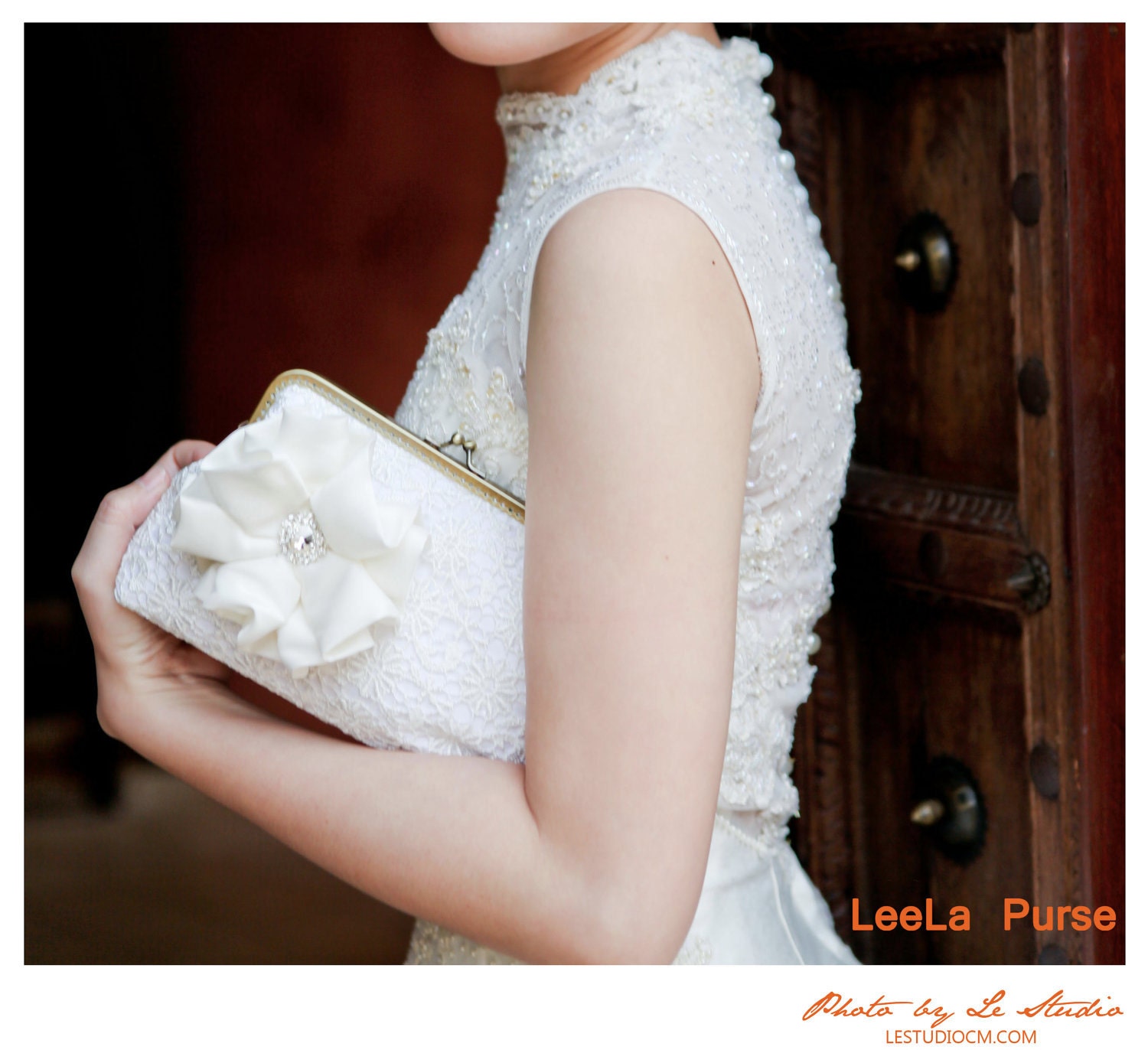 Bridal Lace Wedding Clutch Purse with silk flower and rhinestone brooch