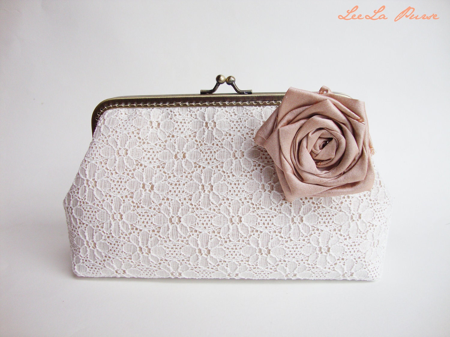 Vintage bridal Inspired clutch - White Lace Clutch with Detachable Silk Flower Brooch (Choose your color) / rustic shabby chic wedding