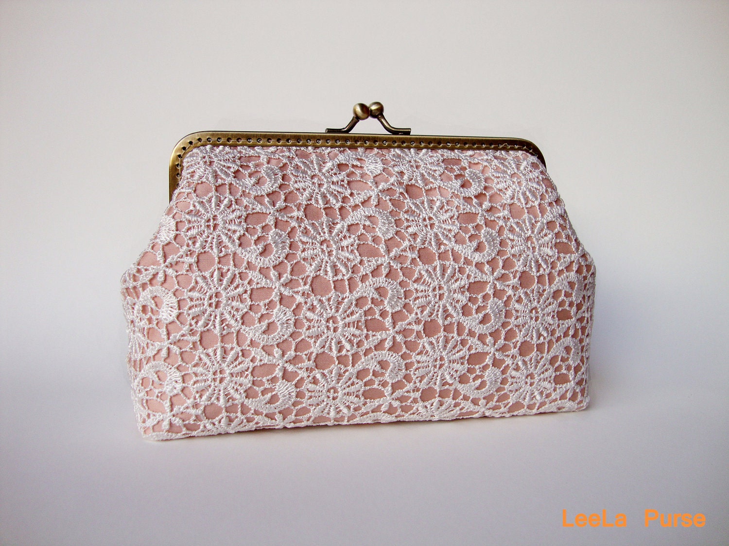 Vintage inspired - White Lace Wedding Clutch Purse covered on Dusty Pink Silk