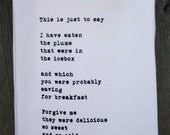 Flour Sack Towel William Carlos Williams Poem in black ink on white towel