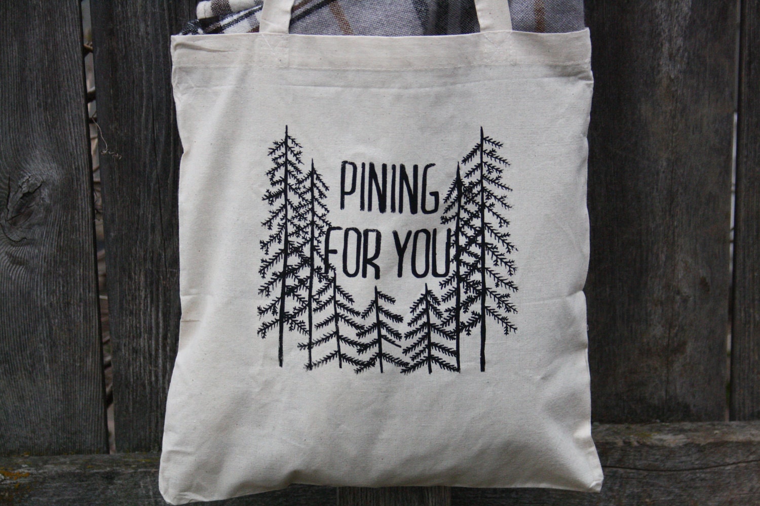 Canvas Market Tote "Pining For You" Black on Natural Canvas