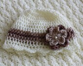 Crochet Baby Hat Beanie  Newborn Creme Ivory Brown
