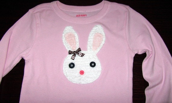 Children's Bunny T-Shirt made with White Chenille Accent Ribbon Bow and Button Eyes and Nose
