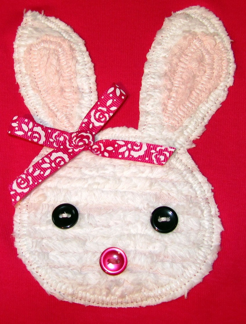 Children's Bunny T-Shirt made with White Chenille Accent Ribbon Bow and Button Eyes and Nose