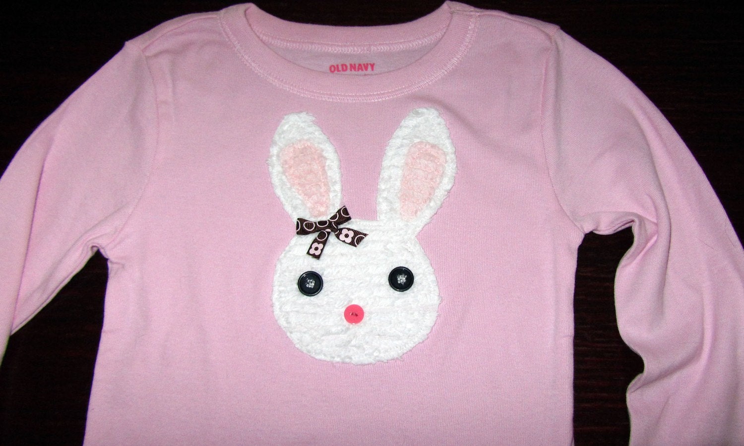 Children's Bunny T-Shirt made with White Chenille Accent Ribbon Bow and Button Eyes and Nose