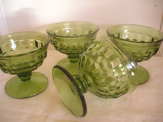 Set by Glass cups Vintage vintage DebsCollectibles pedestal dessert Cups Dessert  Green Pedestal