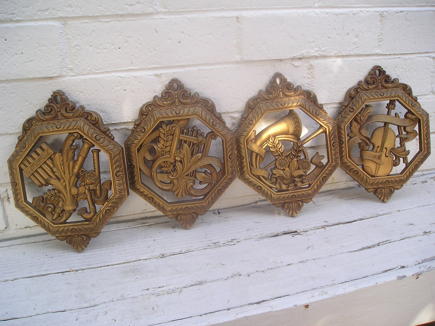 Vintage Gold Musical Instrument Wall Plaques Hollywood Regency