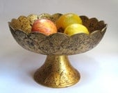 Vintage metal footed bowl - gold with scalloped edges and raised pattern detail - RedAshRedux