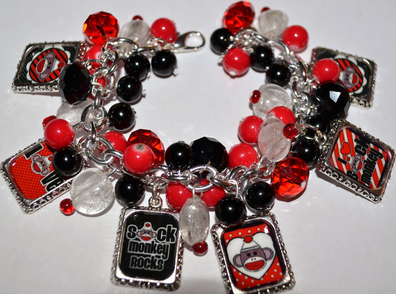 SOCK MONKEY Charm BRACELET Altered Art Handmade Free2BDesigns Ready to ship Red and Black