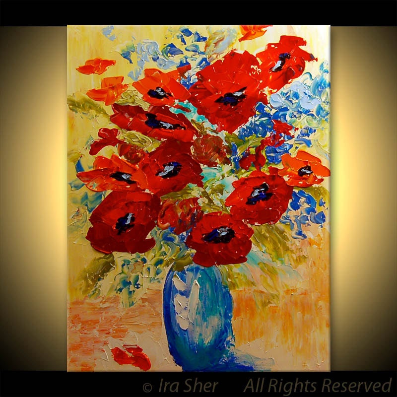 ORIGINAL Modern Fine Art Red Poppies Flowers Impasto texture Palette knife impressive large Painting by IraSher