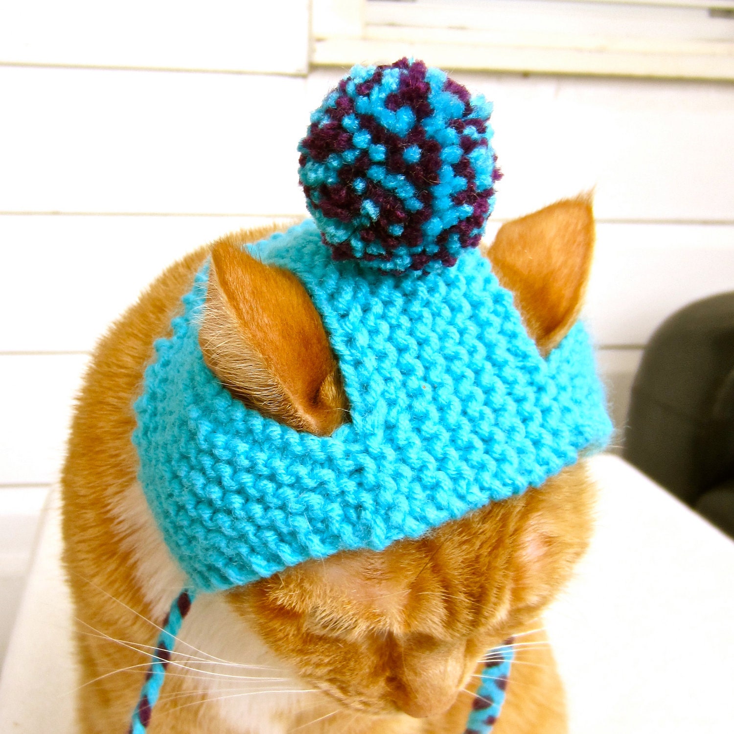 Cat Hat Costume - Teal and Purple Pom Pom