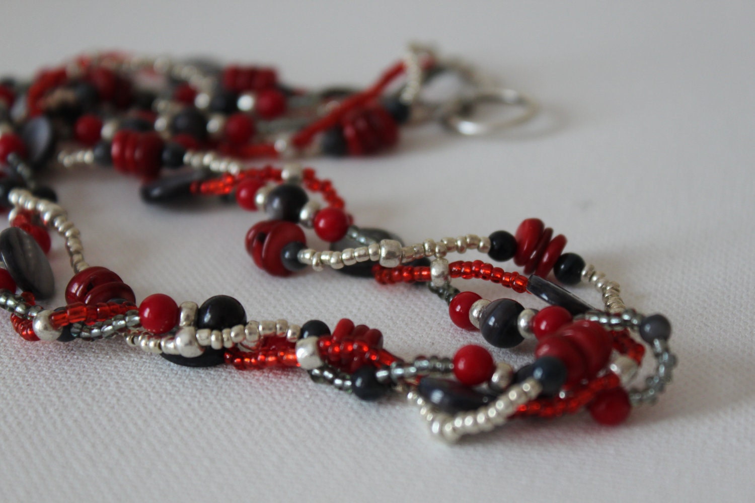 Sale - Get Free matching earrings with Multi-strand Beaded Necklace with Red Coral, Grey Shell, Glass Beads - Ready To Ship