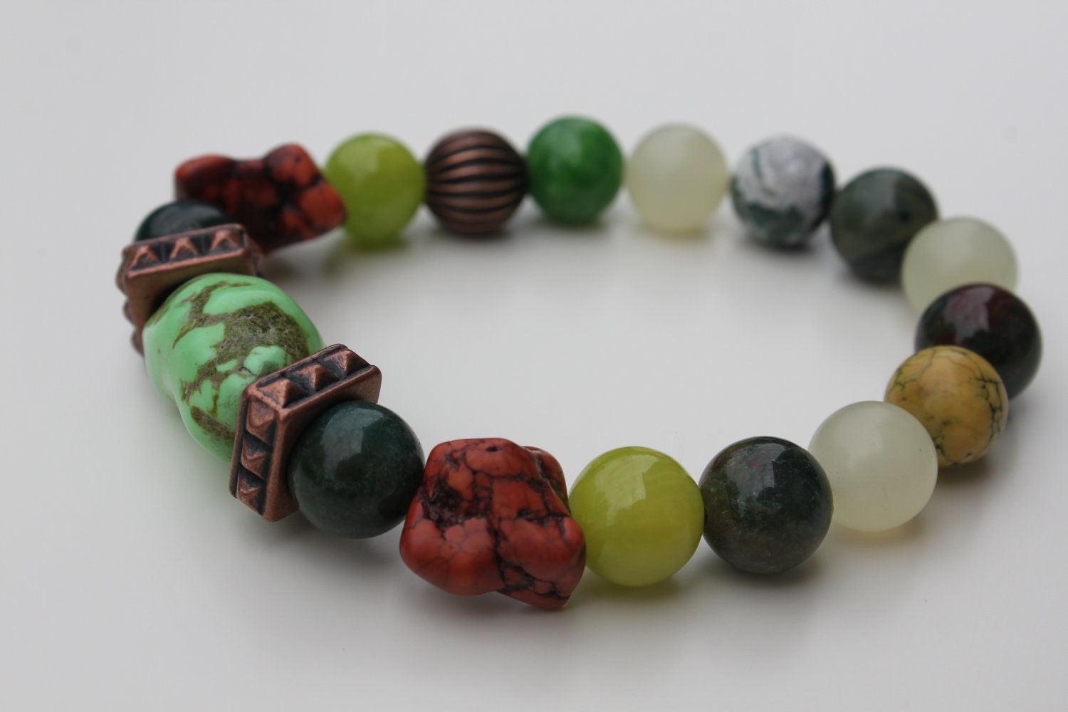 Winter Clearance Gemstone  Beaded  Rustic Bracelet Green / Terracotta Howlite , Light  Green Jade, Fancy Jasper - Ready To Ship