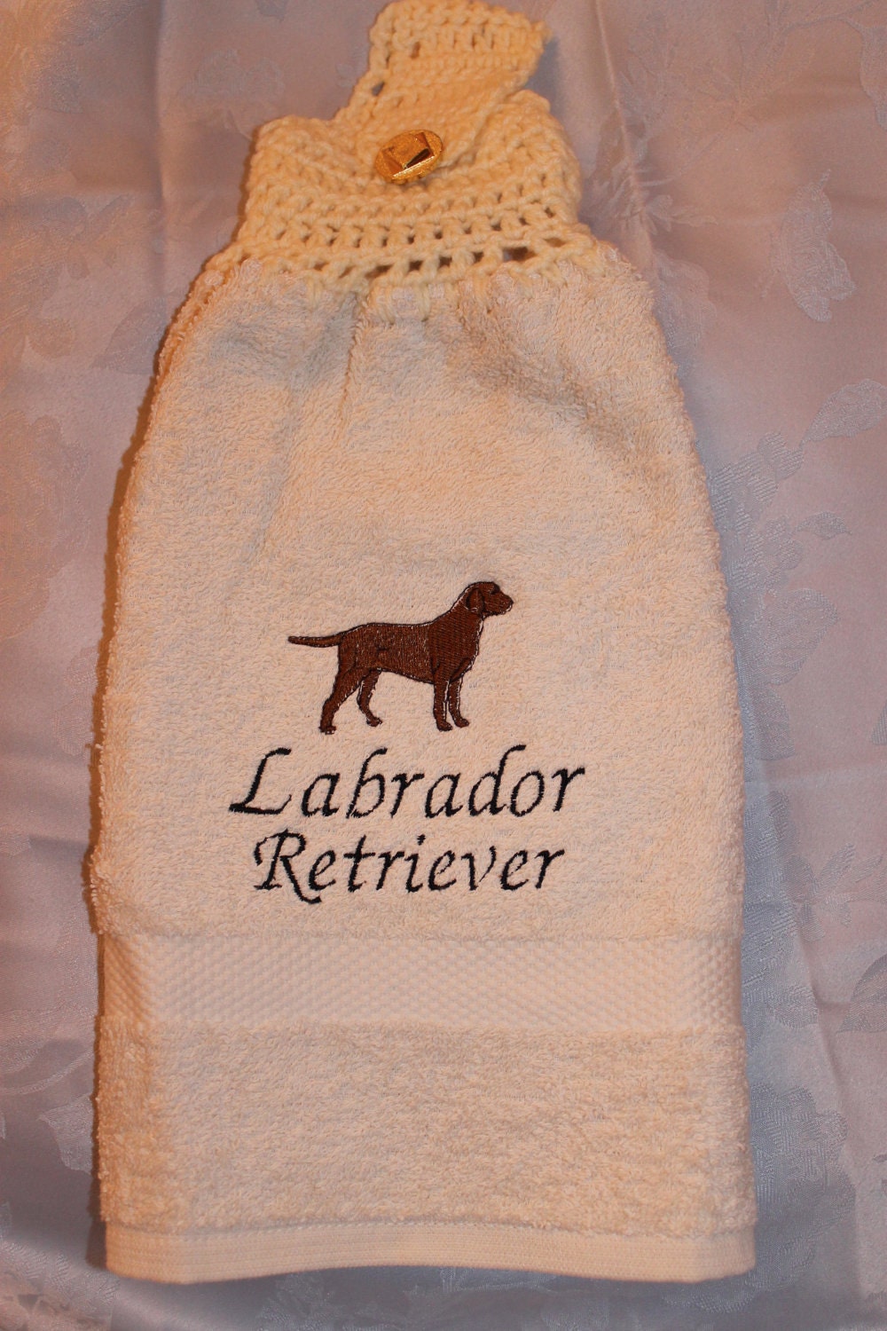 Labrador Retriever dog (chocolate) - Embroidered crochet topped hand towel (Free USA Shipping)