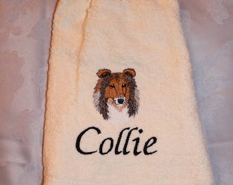 Collie dog - Embroidered crochet topped hand towel (Free USA Shipping)