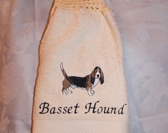 Crochet Embroidered - Basset Hound dog - Embroidered crochet topped hand towel (Free USA Shipping)