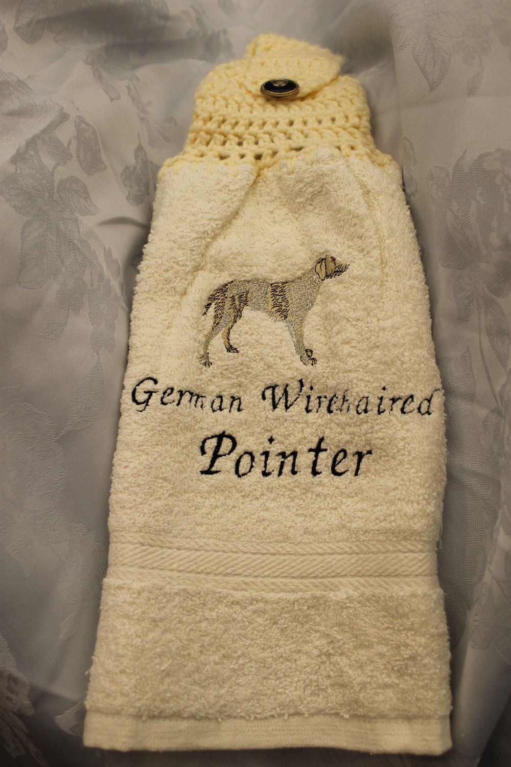 German Wirehaired Pointer dog - Embroidered crochet topped hand towel (Free USA Shipping)
