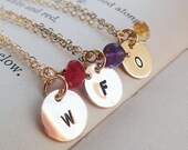 Set of 7: SEVEN Gold Initial Necklaces with birthstone, delicate monogram necklaces, bridesmaid gifts, personalized jewelry for bridesmaids