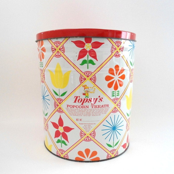 Large Vintage Flower Tin / Topsy's Popcorn Treats Tin