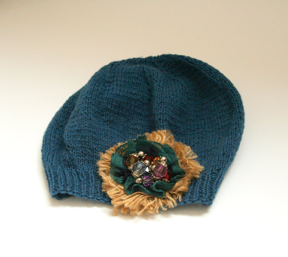 Hand knitted hat women-  beret, lace, fashion, brooch,  flower, elegant, winter