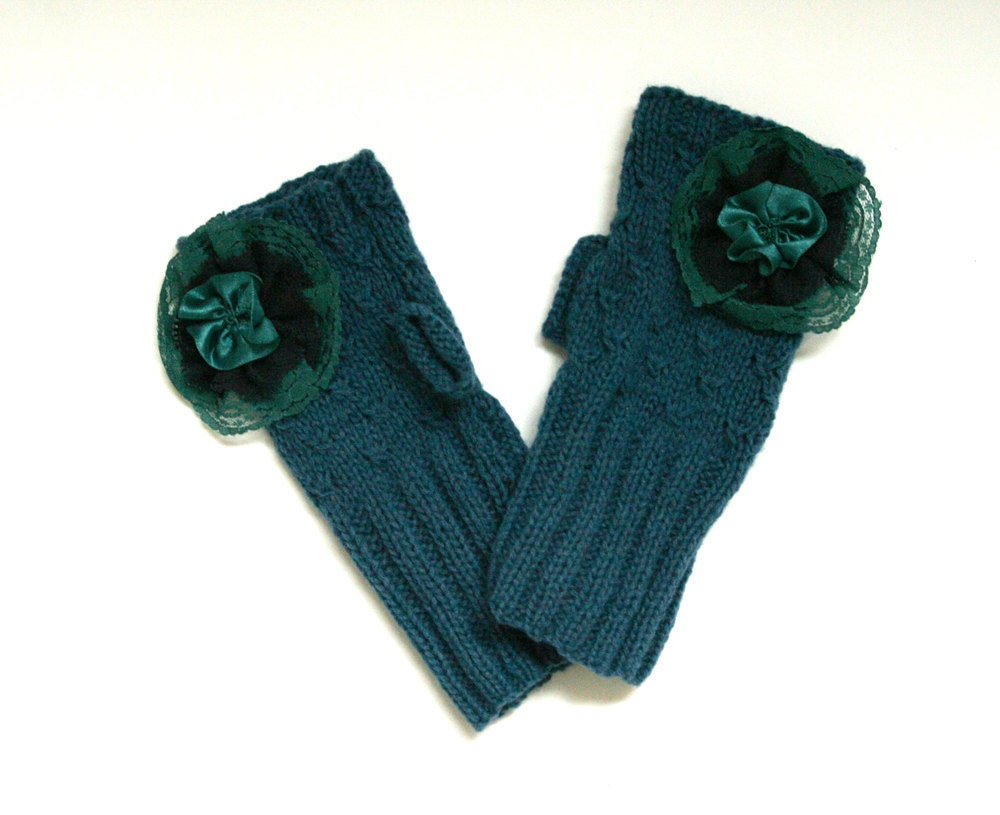 Hand knitted fingerless gloves- lace, fashion, flowers, mittens, winter