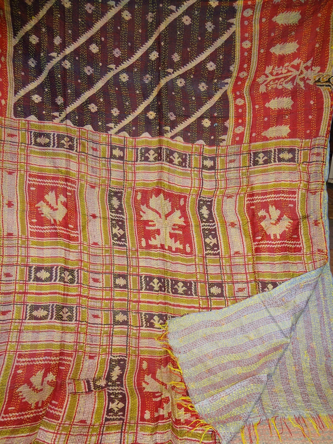 vintage kantha silk sari reversible handmade shawl/scarves