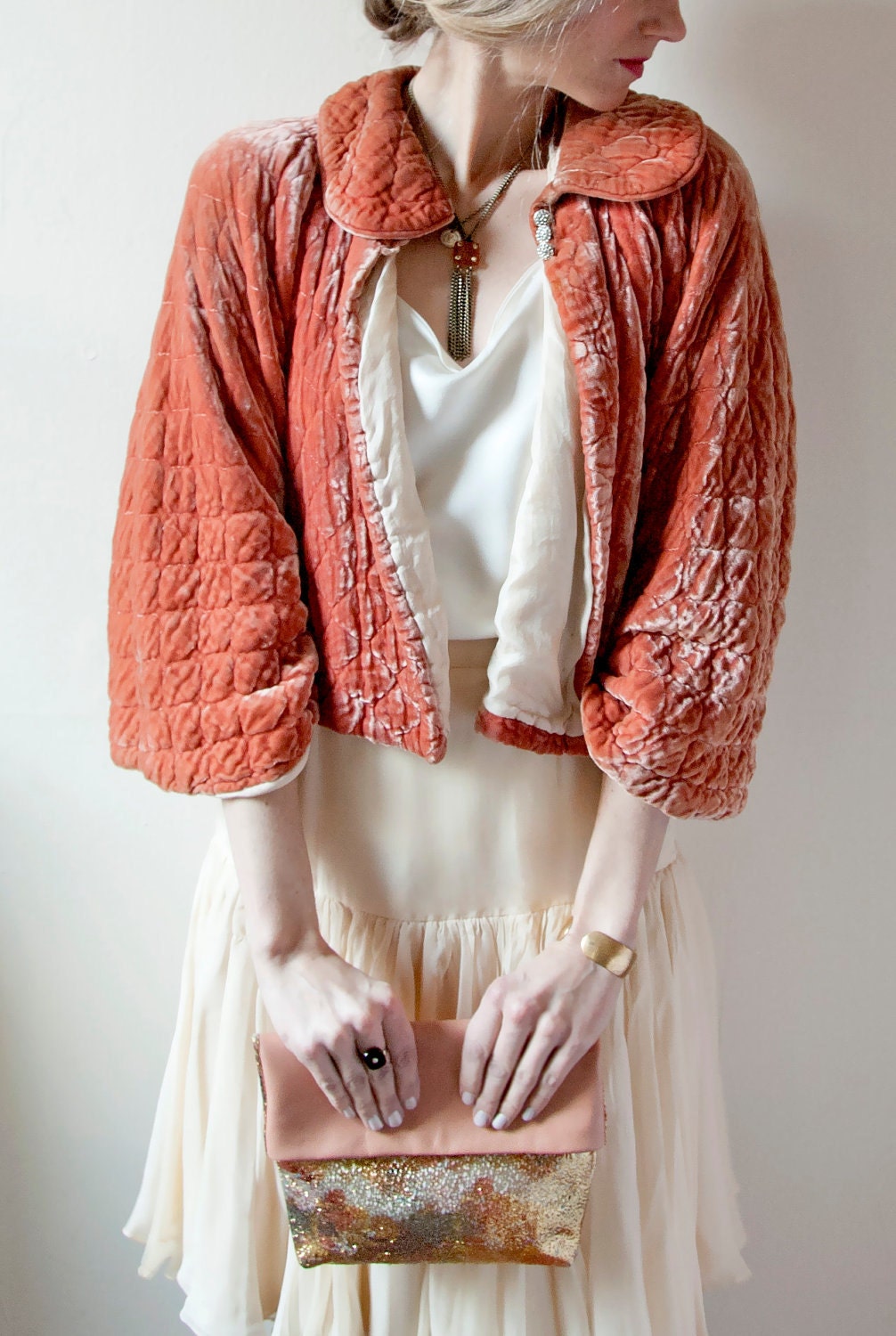 MERMAID Sequin and PEACH Leather Clutch. Metallic Clutch. Leather Envelope Clutch. Peach Leather Clutch