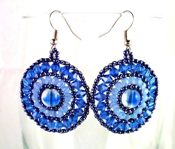 Beadwoven Glass Earrings in Sapphire Blue and Opal Blue