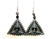 Triangle Earrings Bead Woven in Grey and Black Glass Seed Beads